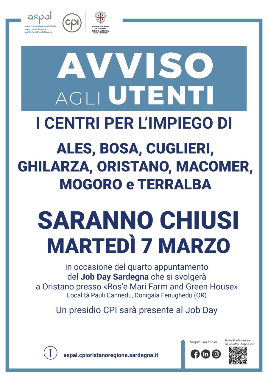 CHIUSURA CENTRO DELL'IMPIEGO DI ORISTANO IN DATA 7 MARZO 2023