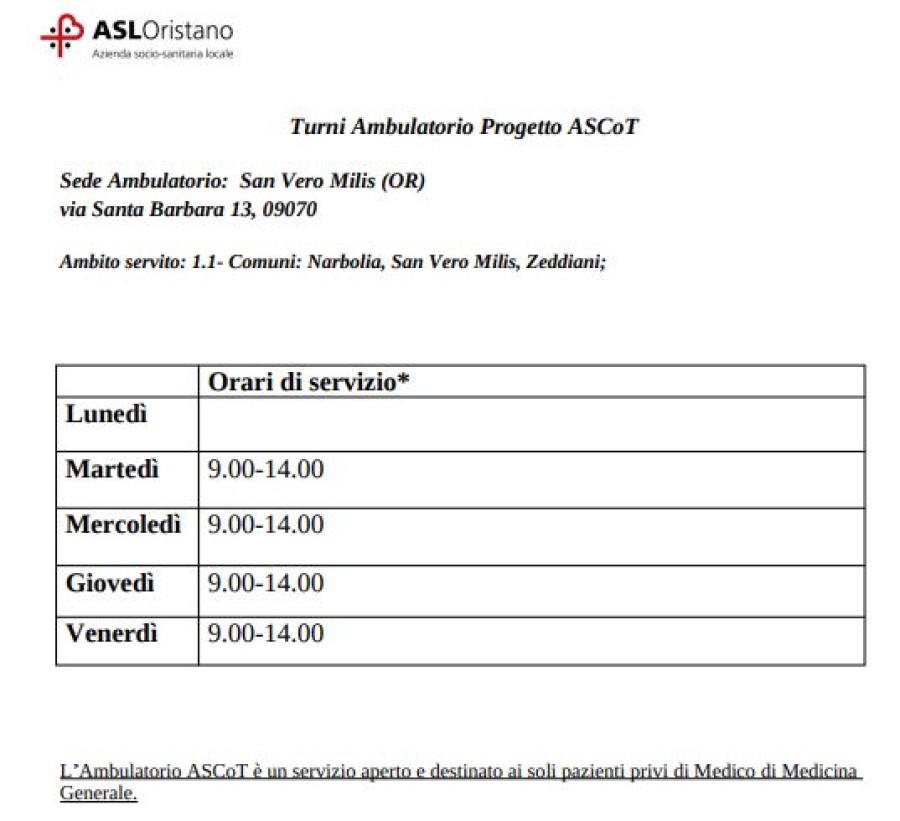 APERTURA ASCoT (Ambulatorio Straordinario di Comunità Territoriale) SAN VERO MILIS