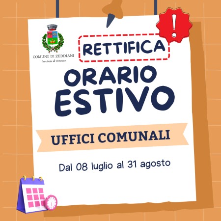 Uffici comunali rettifica orario estivo di apertura al pubblico